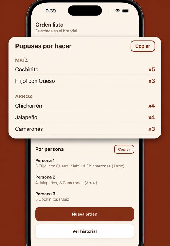 Resumen del pedido agrupado por masa, con el detalle por persona
